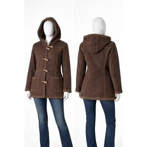 L.L. Bean Women’s Brown Faux Suede Sherpa Lined Toggle Hooded Duffle Coat Sz M